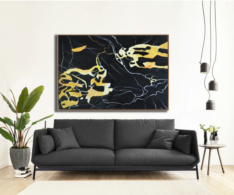 Extra Large Abstract Painting On Canvas,Hand Painted Oversized Horizontal Abstract Marble Art On Canvas,Large Canvas Art,Modern Art Abstract Painting,Earthy Yellow ,Black,White.etc